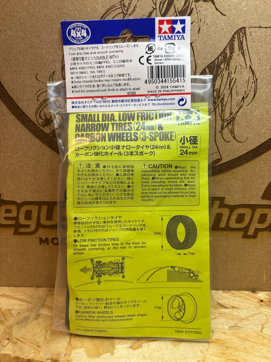 Tamiya Small Dia Low Friction Narrow Tires & Carbon Wheels (3-Spoke)  15541