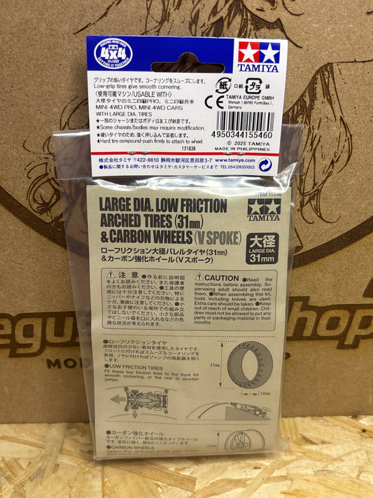 Tamiya Large Dia. Low Friction Arched Tires (31mm) & Carbon Wheels (5 Spoke) – Cod. 15546 - dettaglio prodotto 2