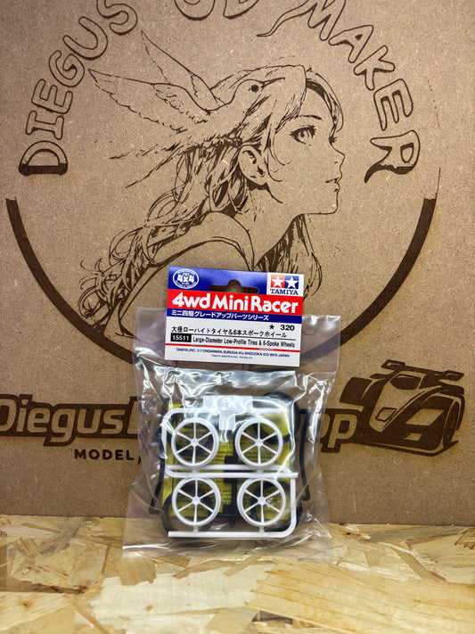 Tamiya 15511 – Gomme Large Diameter & Cerchi 6 Razze – Mini 4WD