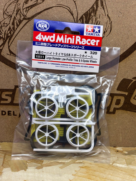 Tamiya 15511 – Gomme Large Diameter & Cerchi 6 Razze – Mini 4WD