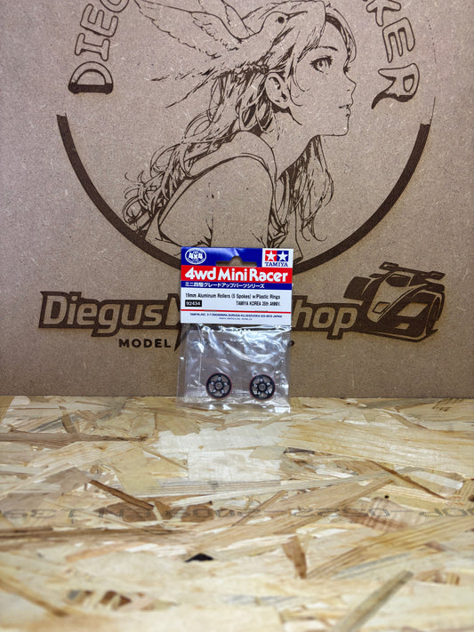 Tamiya 92434 – 19 mm Aluminum Rollers (5 Spokes) con Anelli in Plastica – Mini 4WD